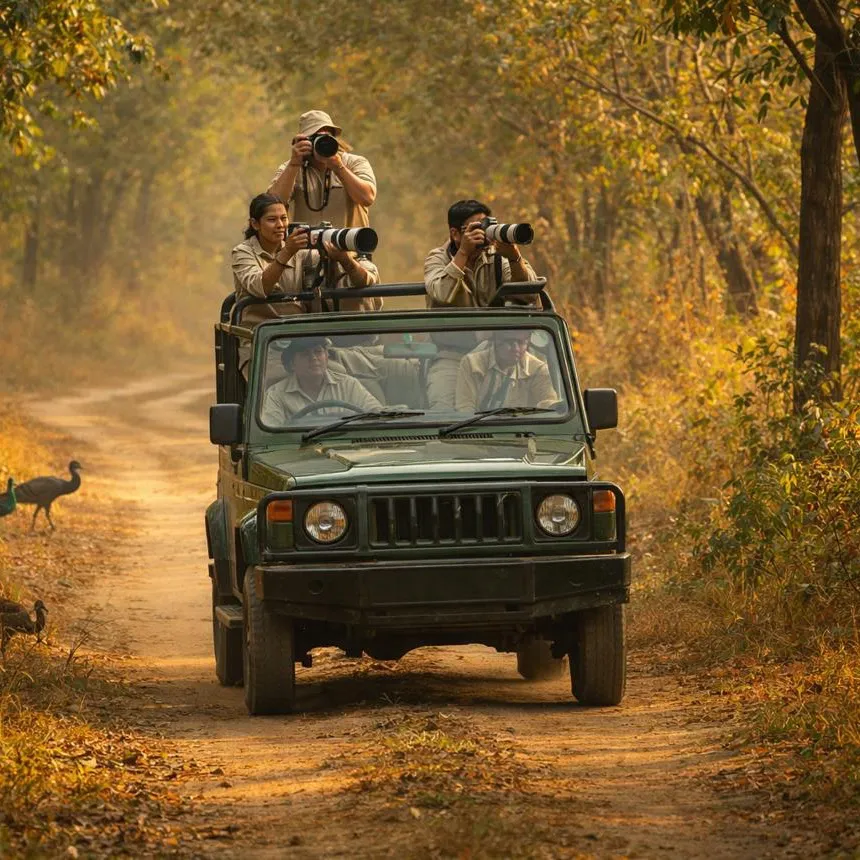 Safari jeep on forest trail in Corbett National Park during summer