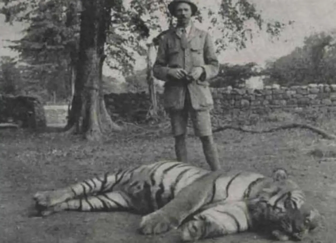 Historical photograph of Jim Corbett with tiger in Kumaon region