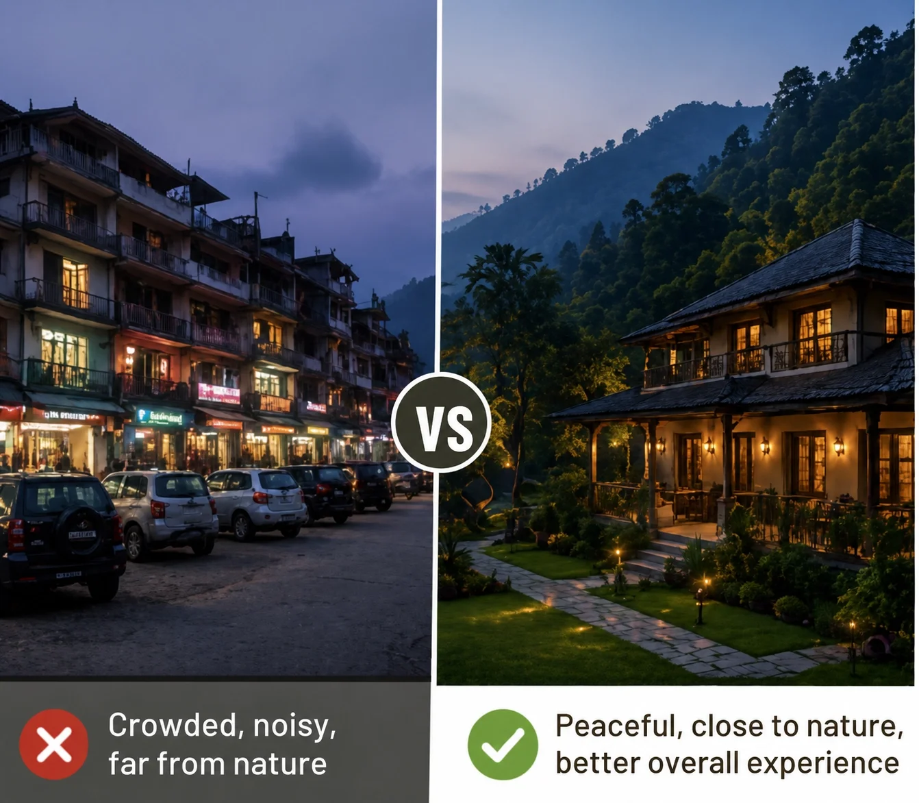 Comparison of crowded resort versus peaceful nature retreat near Corbett