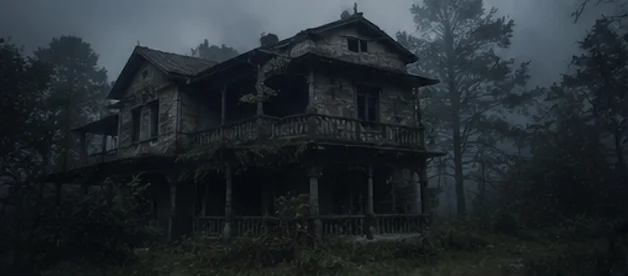 British-era abandoned bungalow in Corbett forest with overgrown vegetation